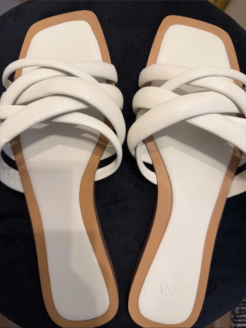 Zara White Multi-Strap Slide Sandals with Tan Trim